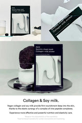 Collage showing Abib Collagen Milk Sticker sheet mask packaging with milk-inspired styling and the headline “Collagen & Soy milk,” Milk Protein FACE Mask product concept visuals