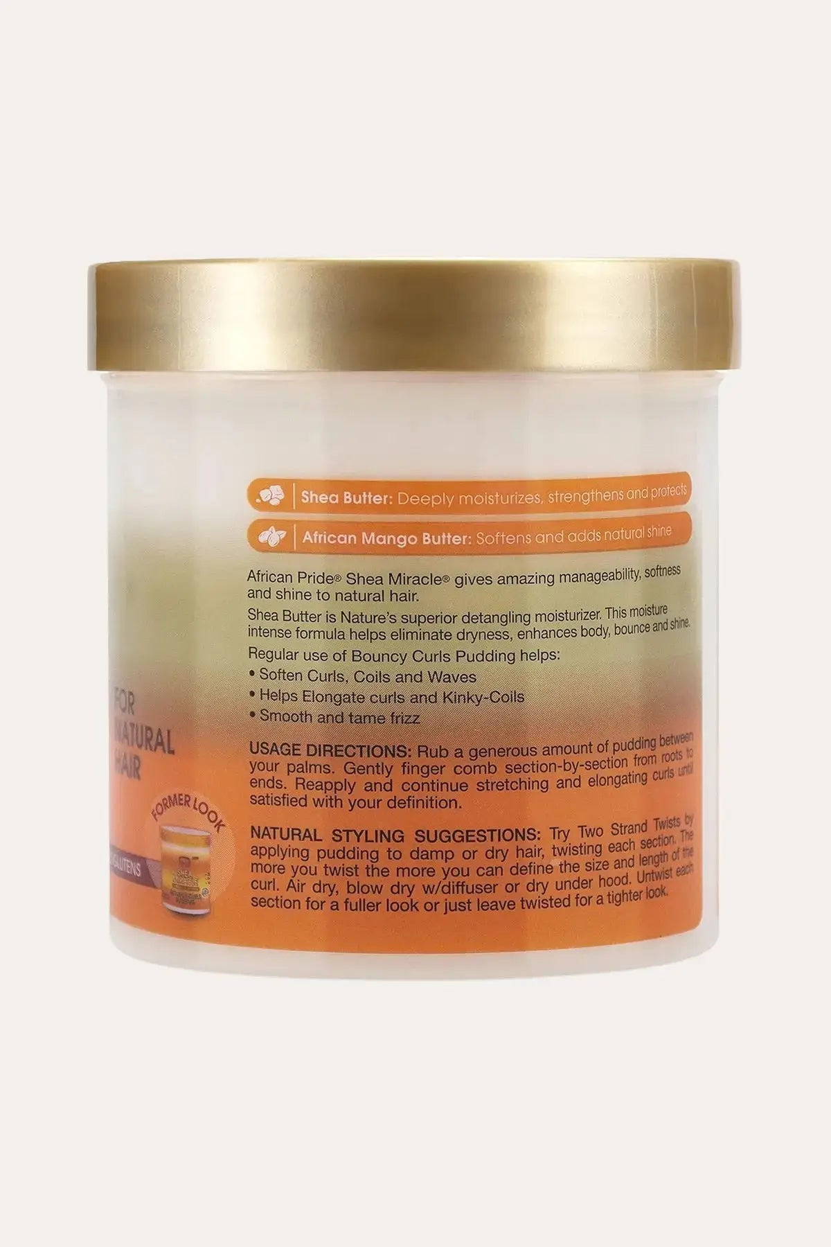 Back label of African Pride Shea Miracle Bouncy Curls Pudding showing usage directions and product benefits text on an orange label with gold lid.