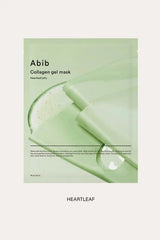 Front view of Abib Collagen Gel Mask Heartleaf Jelly pack with a soft green theme; Calming Cica Collagen keyword used for skincare category and Hydrogel Sheet Mask packaging style.
