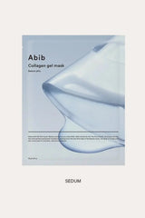 Front view of Abib Collagen Gel Mask Sedum Jelly pack (1.23 oz) with a translucent gel-like visual; Hydrogel Sheet Mask product packaging on a neutral background.