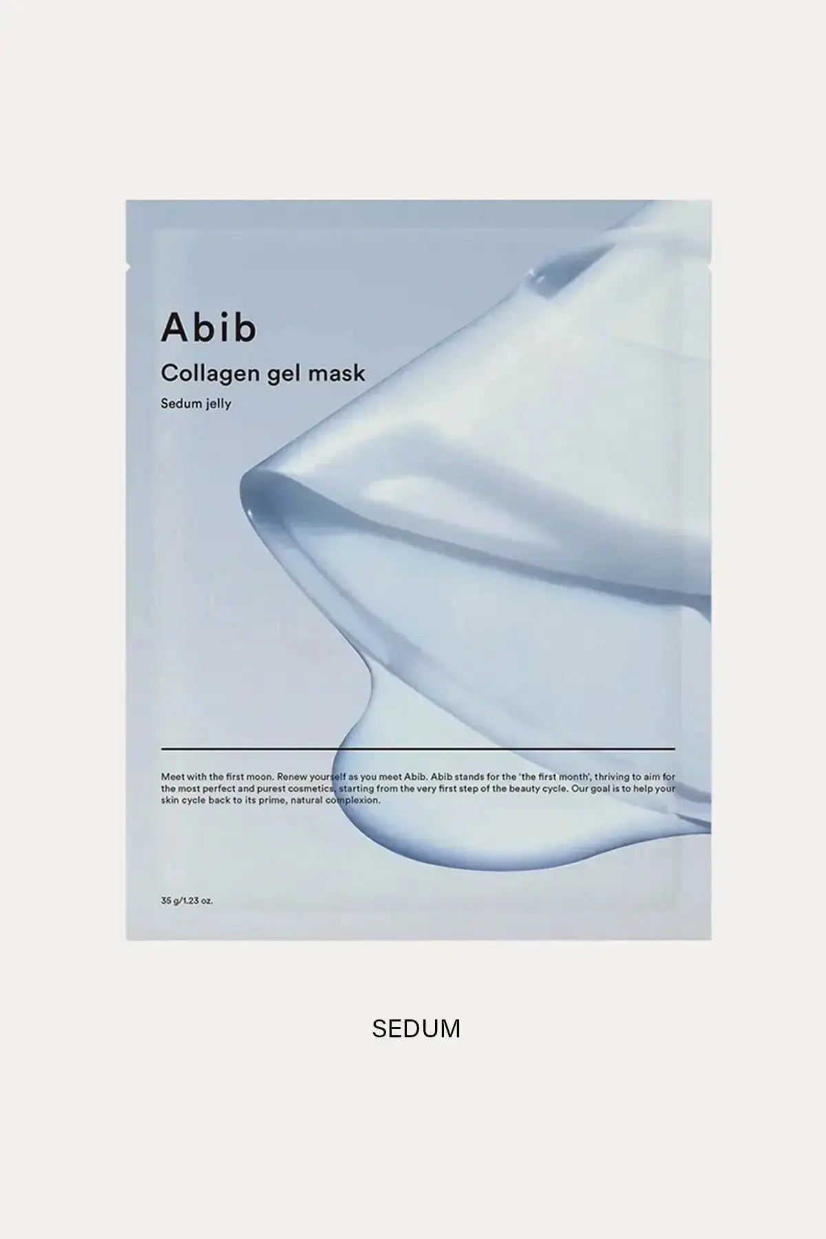 Front view of Abib Collagen Gel Mask Sedum Jelly pack (1.23 oz) with a translucent gel-like visual; Hydrogel Sheet Mask product packaging on a neutral background.