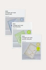 Abib Collagen Gel Mask variety set showing Sedum Jelly, Heartleaf Jelly, and Jericho Rose Jelly packs; Hydrogel Sheet Mask packaging displayed together on a clean background.