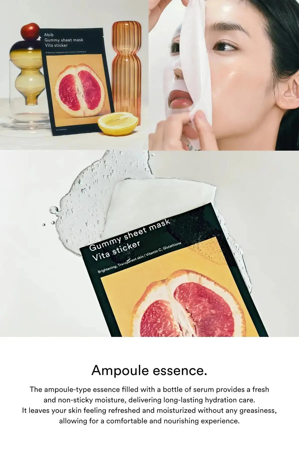Infographic collage showing Abib Vita sticker pack with grapefruit image, a model removing a sheet mask, and “Ampoule essence” hydration text, Hydrating Mask for Dry Sensitive