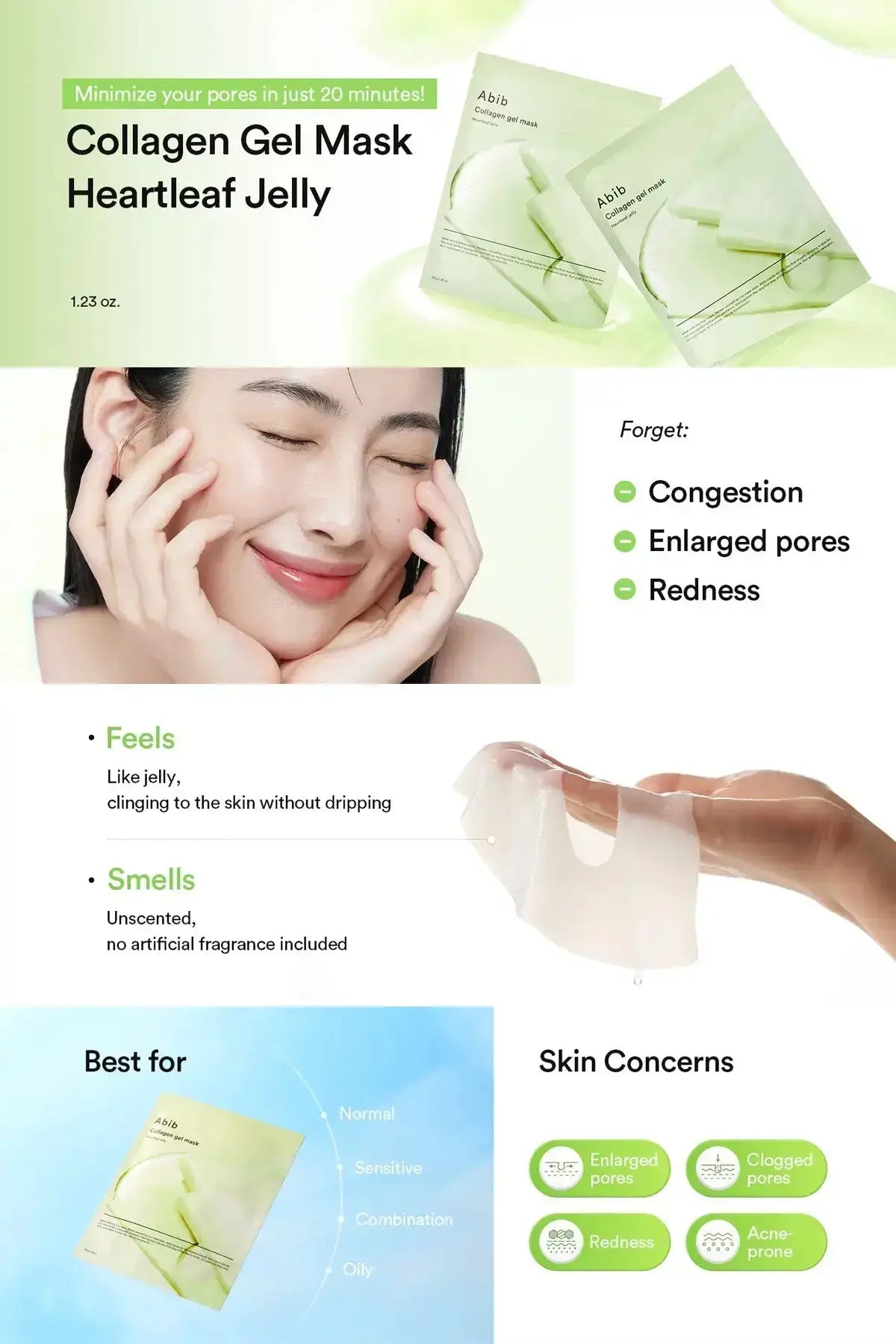 Abib Heartleaf Jelly Collagen Gel Mask informational image with product pack visuals, a model photo, and a gel mask texture close-up; Calming Cica Collagen and Hydrogel Sheet Mask category graphic.