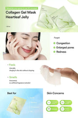 Abib Heartleaf Jelly Collagen Gel Mask informational image with product pack visuals, a model photo, and a gel mask texture close-up; Calming Cica Collagen and Hydrogel Sheet Mask category graphic.