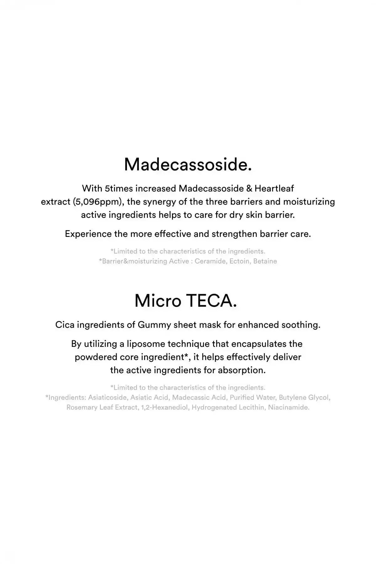 Ingredient and technology information page highlighting “Madecassoside” and “Micro TECA” text for Abib gummy sheet mask, Post Treatment Cica Mask