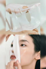 Two-panel image showing a glossy sheet mask texture in hand and a model adjusting the mask on the face, soothing mask for irritated skin