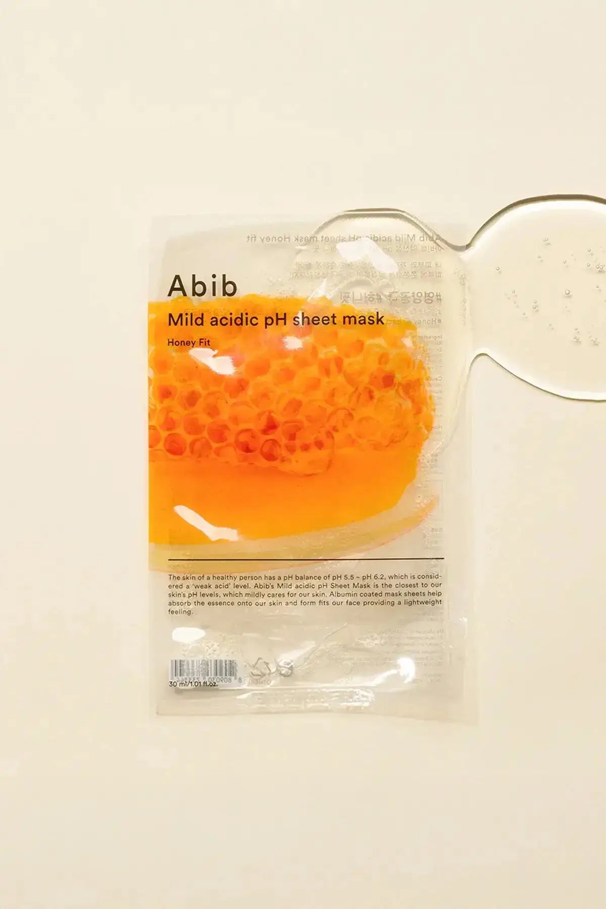 Abib Mild Acidic pH Sheet Mask Honey Fit with honeycomb graphic and golden essence texture, Honey and Propolis Mask inspired skincare option