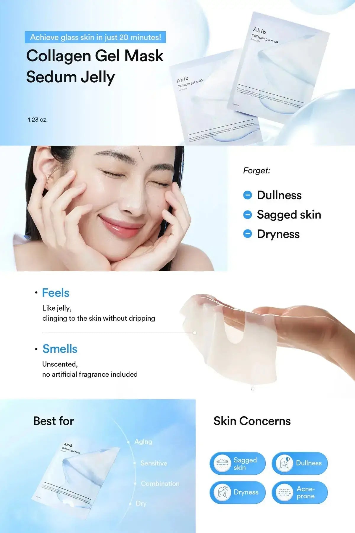 Product information graphic for Abib Collagen Gel Mask Sedum Jelly featuring the pack image, a model photo, and a close-up of the gel mask texture; Hydrogel Sheet Mask feature layout.