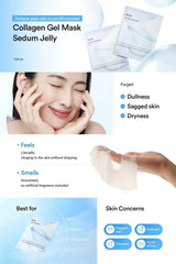 Product information graphic for Abib Collagen Gel Mask Sedum Jelly featuring the pack image, a model photo, and a close-up of the gel mask texture; Hydrogel Sheet Mask feature layout.