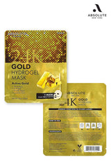Absolute New York 24K Gold Hydrogel Mask packaging shown with front and back panels, Firming and Lifting MASK keyword, product directions and ingredients visible