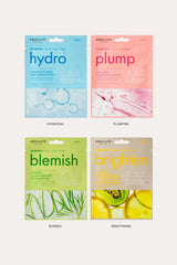 Four Absolute New York facial sheet masks shown in a grid (Hydrating Hydro, Plumping Plump, Soothing Blemish, Brightening Brighten) — Daily Face Mask set for Target Skincare face Mask style browsing in Canada