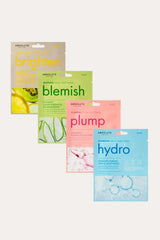 Absolute New York facial sheet mask set with hydro, plump, blemish, and brighten packs displayed together — Cruelty Free face Mask option for daily skincare in Canada