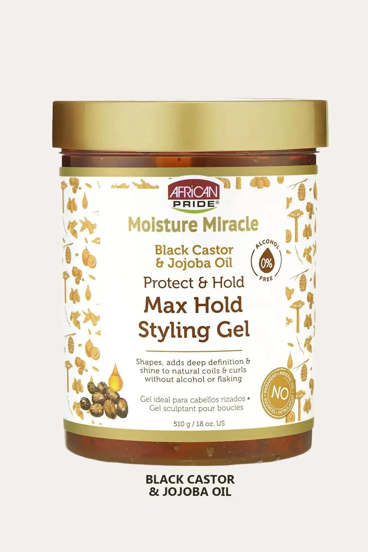 African Pride Moisture Miracle Black Castor & Jojoba Oil Max Hold Styling Gel, Frizz Control Gel, front label.