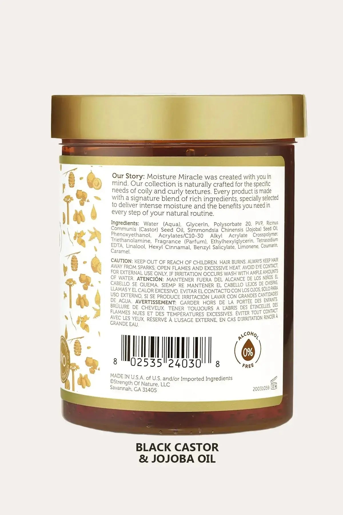 Back label of African Pride Moisture Miracle Black Castor & Jojoba Oil Max Hold Styling Gel, Non Flaking Styling Gel, ingredients and barcode shown.
