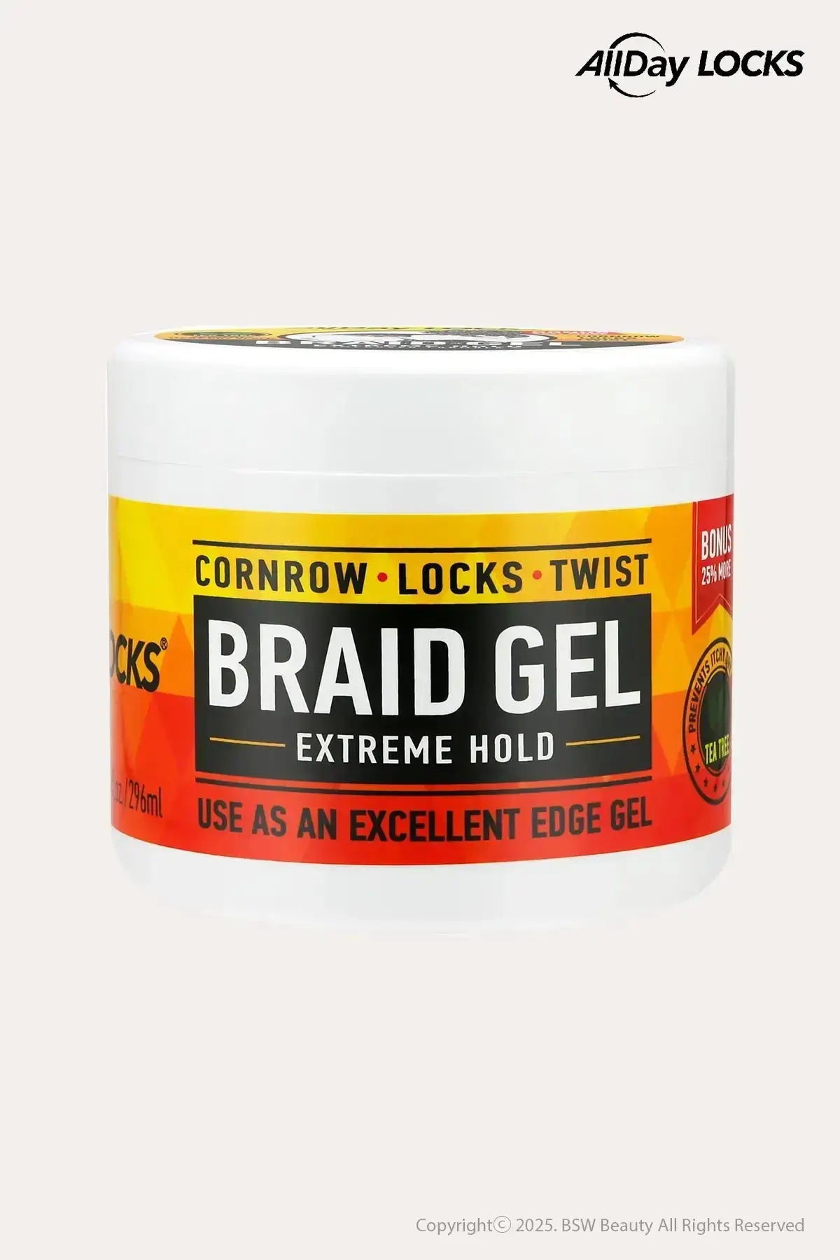 AllDay Locks Braid Gel Extreme Hold 8 oz jar, Strong Hold Braid Gel for cornrows, locks and twists, front label on white background.
