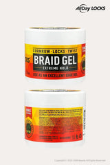 AllDay Locks Braid Gel Extreme Hold shown front and back labels, Edge Control and Braid Gel styling jar on a clean white background.