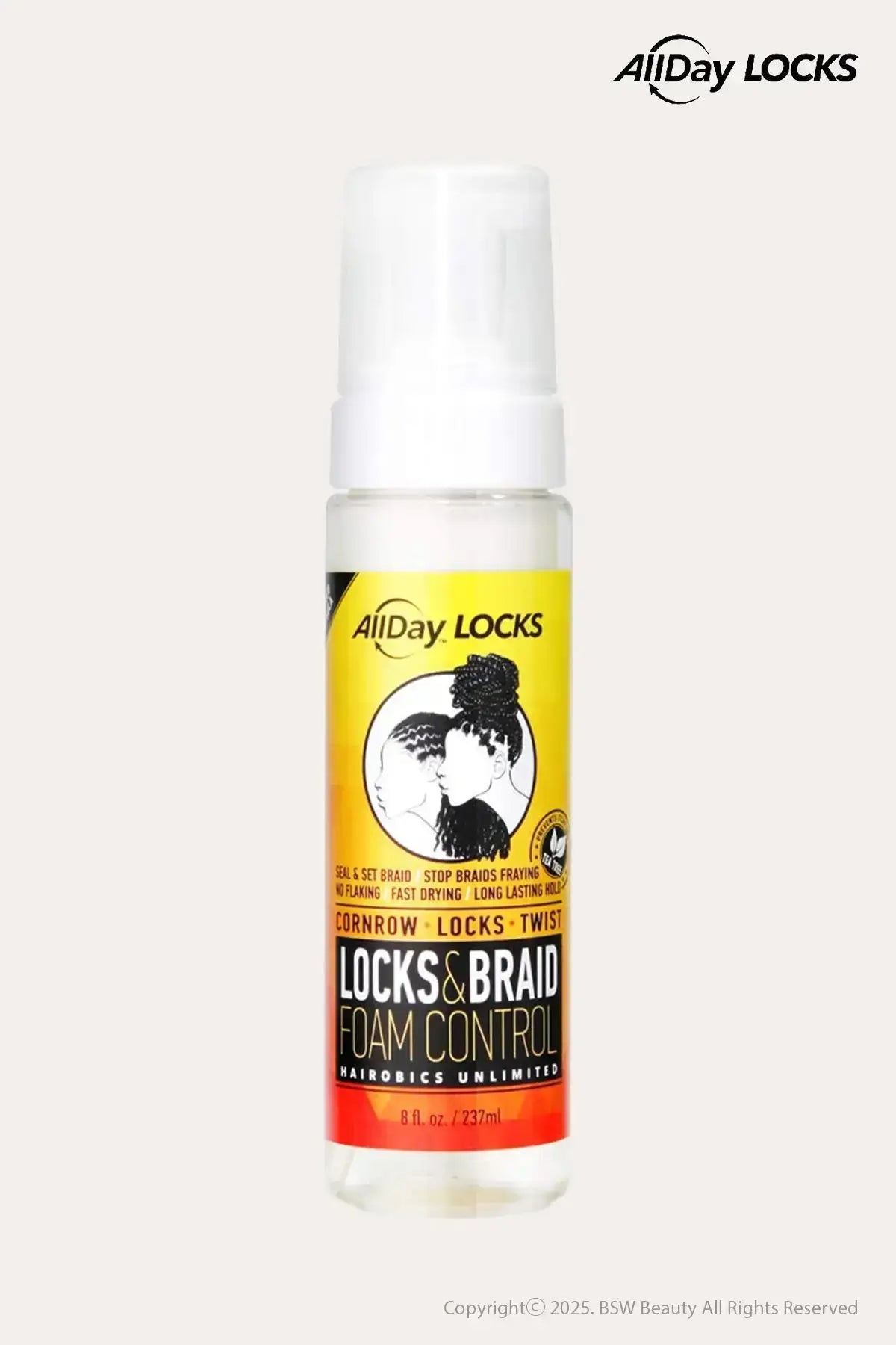 AllDay Locks Locks & Braid Foam Control 8 fl oz (237 mL) bottle on white background, Reduce Frizz and Flyaways for braid finishing and neat styles.