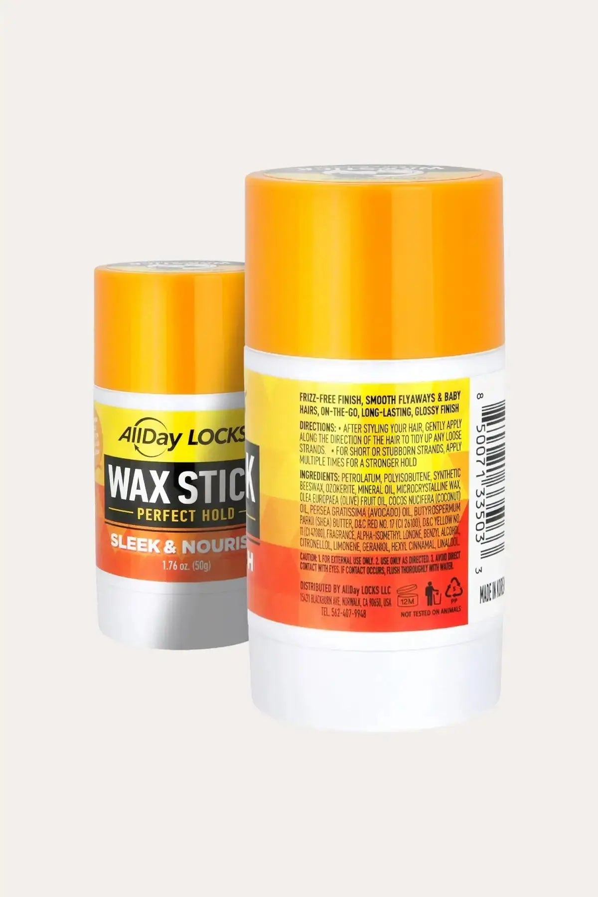 “AllDay Locks Wax Stick Perfect Hold Sleek & Nourish 50g, Edge Control Wax Stick showing front and back label.”