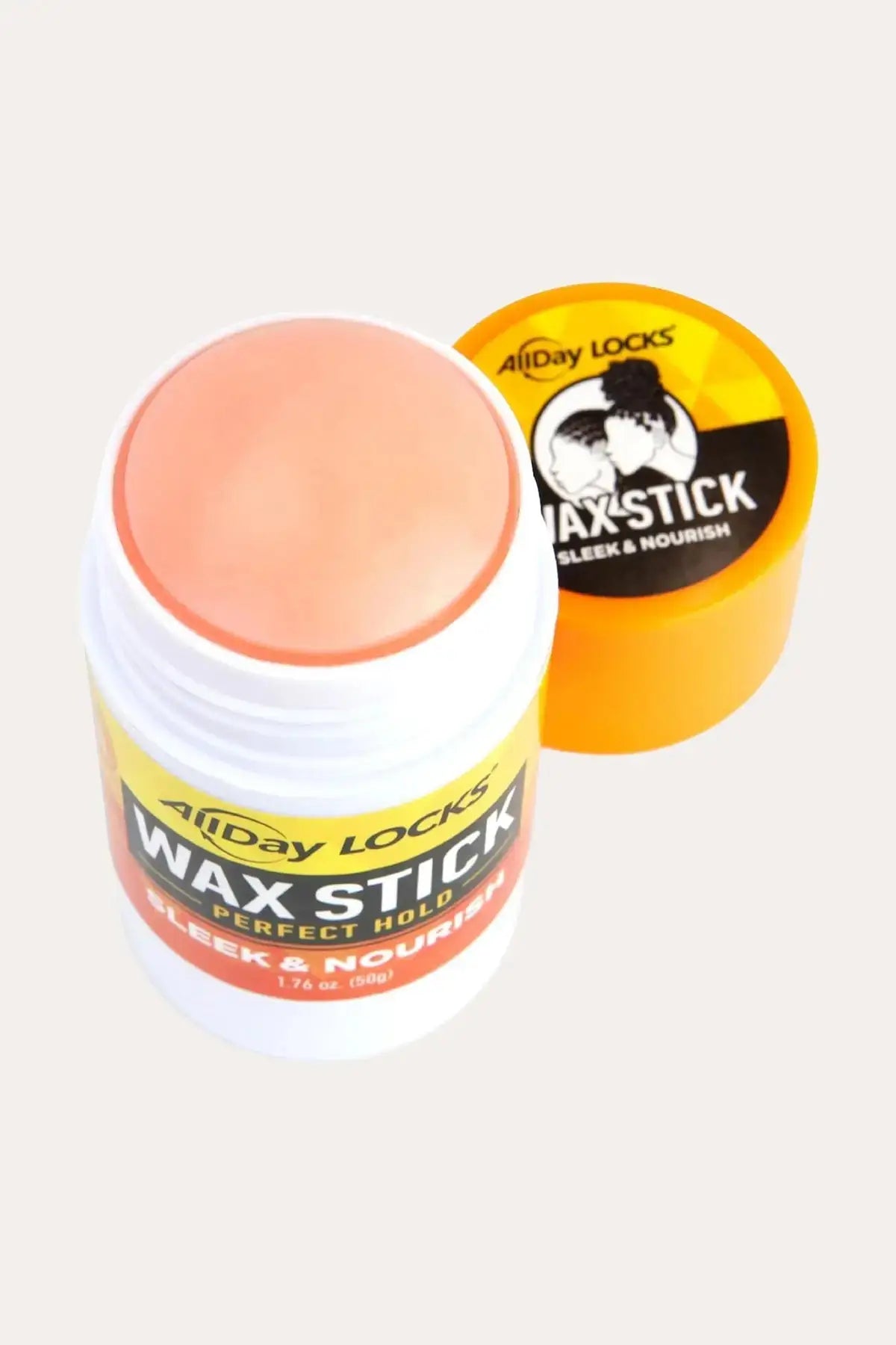 “AllDay Locks Wax Stick Perfect Hold Sleek & Nourish 50g, Travel Size Wax Stick open top view with cap removed.”