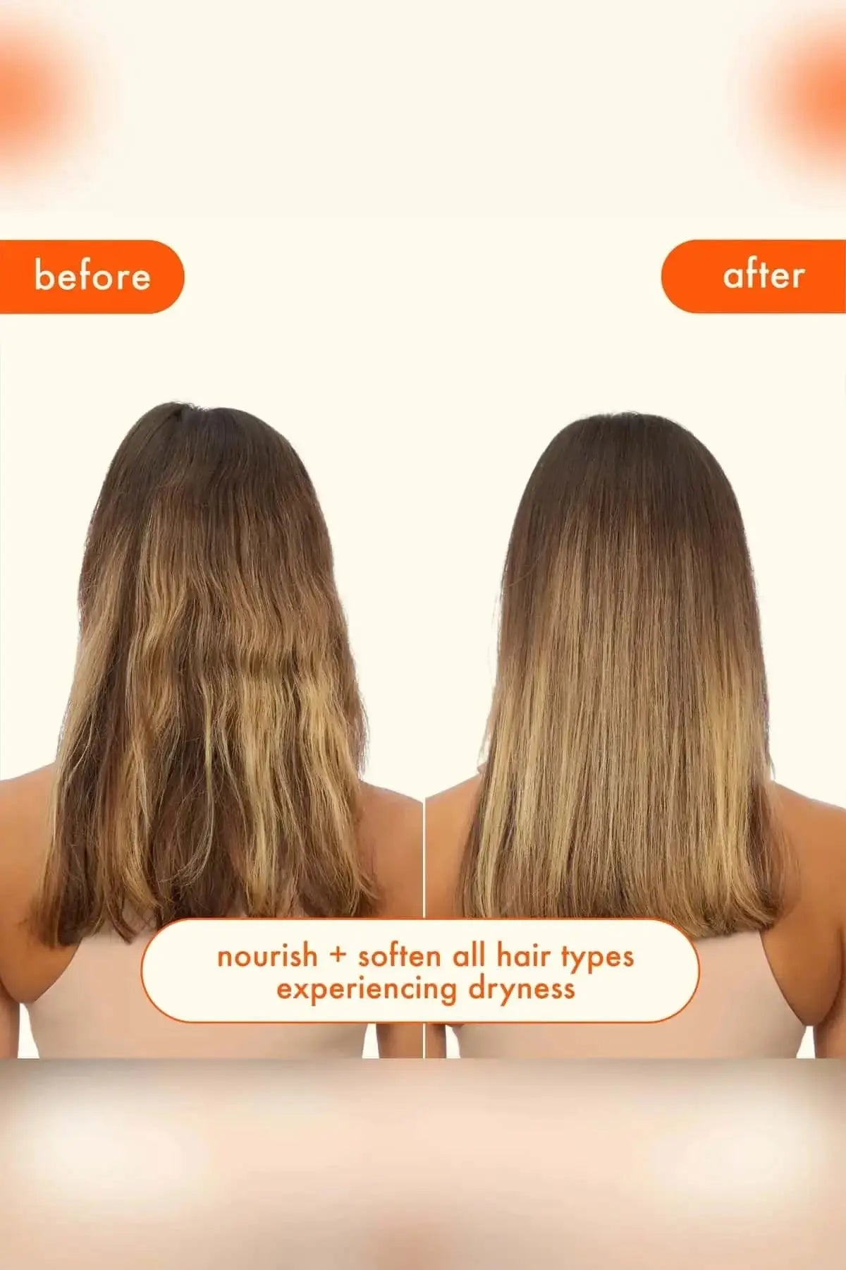 Before and after transformation showing how this Hydrating Hair Mask softens and nourishes dry hair.
