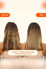 Before and after transformation showing how this Hydrating Hair Mask softens and nourishes dry hair.