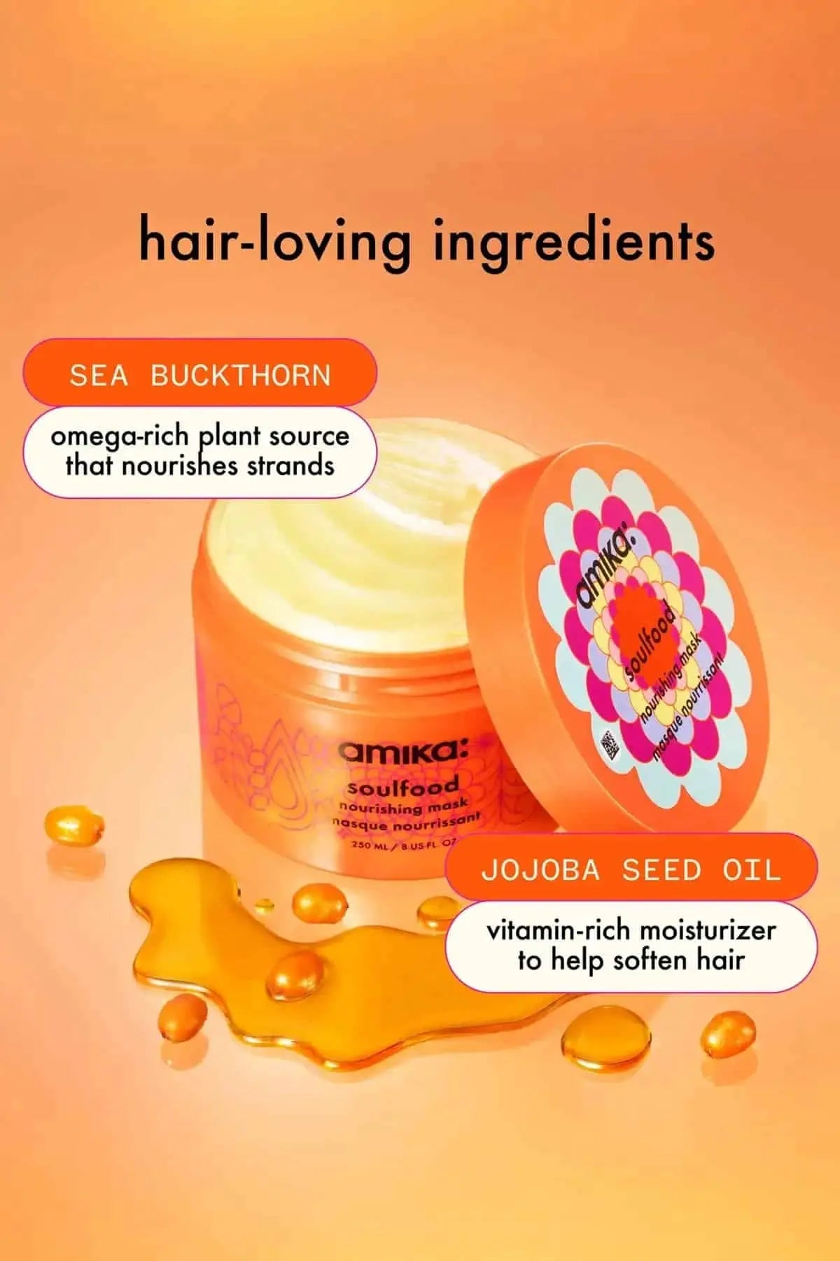 Key ingredients highlight featuring Sea Buckthorn and Jojoba Seed Oil in Amika Soulfood mask.