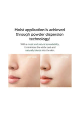 Before and after comparison using powder dispersion technology to minimize white cast, making it a perfect Non-Comedogenic Sunscreen for daily wear.