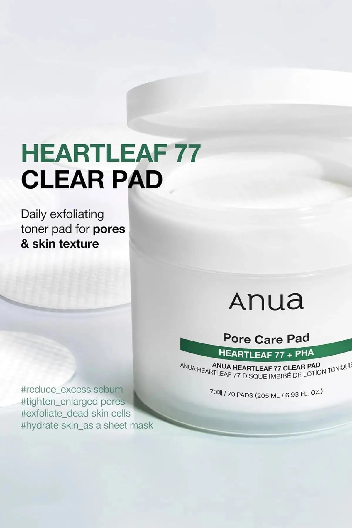 Open jar of Anua Heartleaf TONER PADS, designed for daily exfoliating to tighten enlarged pores and hydrate skin texture.