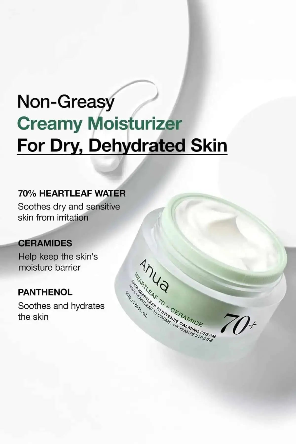 Detail of the vegan friendly formula featuring 70% Heartleaf Water and Ceramides to soothe and hydrate the skin.