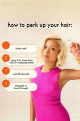 Step-by-step guide showing how to spray and massage Amika dry shampoo for best results.