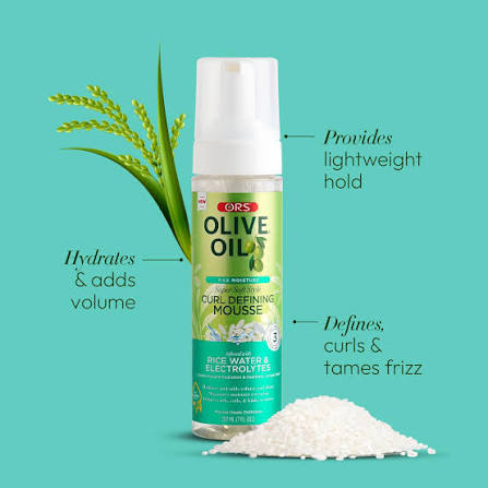 ORS Olive Oil Max Moisture Super Soft Style Curl Defining Mousse Infused with Rice Water & Electrolytes for Supercharged Hydration & Growth 7.0 oz